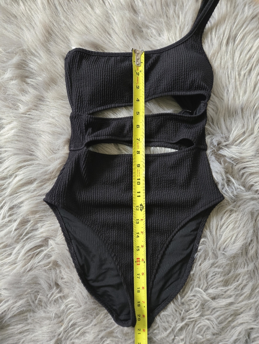 aerie Black One-Shoulder Cutout One-Piece Swimsuit Long - Picture 2 of 6